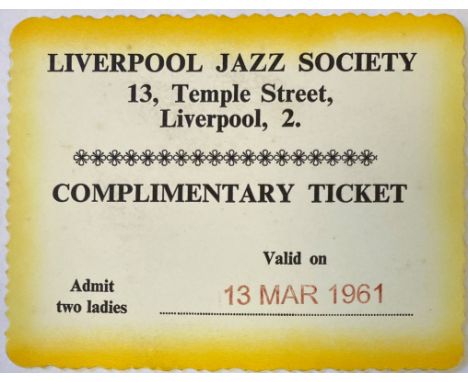 1961 LIVERPOOL JAZZ SOCIETY THE BEATLES TICKET. An original printed card ticket for an event at Liverpool Jazz Society on Mar