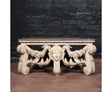 Full title: A white patinated neoclassical walnut console table with red marble top, 19/20th C.Description:H 62 x L 136 x D 6