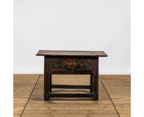 Full title: A Spanish wooden table with one drawer, 17/18th C.Description:H 55,5 x L 85,5 x D 53,5 cmAbout this sale: Paul De