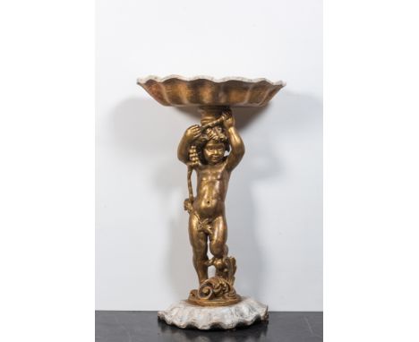 Full title: A faux marbre basin on gilt wooden putto stand, Italy, 19th C.Description:H 105 x L 63 x D 39,5 cm