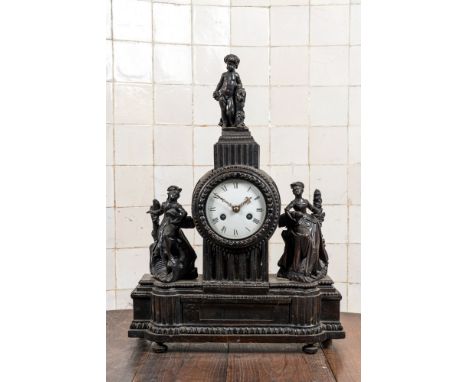 Full title: An ebonised mantel clock with romantic figures and topped with a putto, 19th C.Description:H 62 x L 45 x D 14,5 c