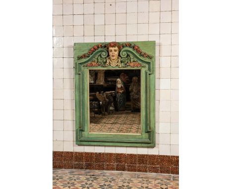 Full title: A rectangular polychrome wooden neoclassical mirror with central mascaron, 19th C.Description:127 x 98,5 cmAbout 