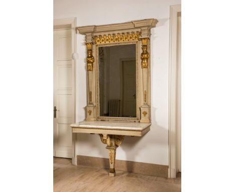 Full title: An impressive French Empire-style gray-patinated and gilt wooden mirror console with marble top, 19th CDescriptio