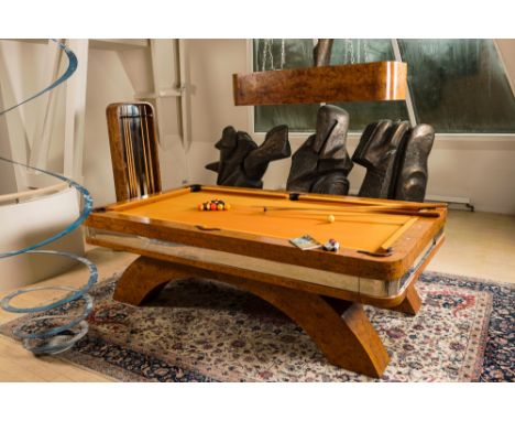 Full title: A burl wood veneered billiard table with accompanying lighting and cue holder, 20th C.Description:H 82 x L 268,5 