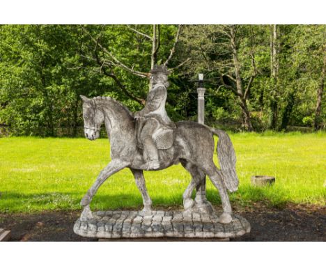 Full title: A large concrete garden statue with lighting in the shape of a galant rider on horse, 20th C.Description:H 162,5 