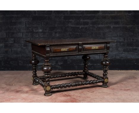 Full title: A partly ebonised walnut table on barley-twist base with baluster legs, 19th C.Description:H 78 x L 129 x D 80 cm