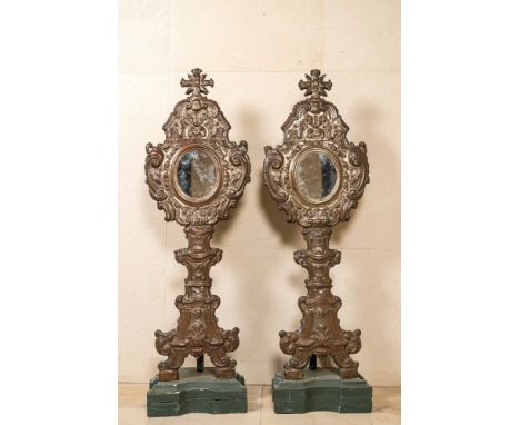 Full title: A pair of large gilt copper reliquaries mounted with mirror glass, probably Italy, 18/19th C.Description:H 170 x 