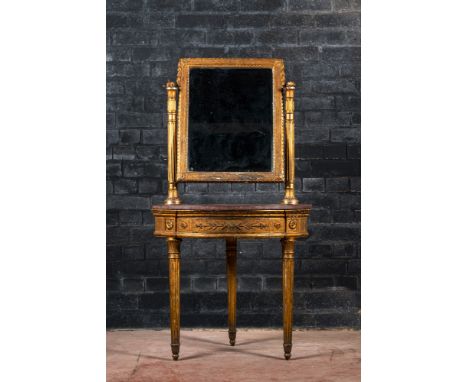 Full title: A neoclassical marble-topped gilt wooden corner console table with a mirror, 19th C.Description:H 166 x L 87 x D 