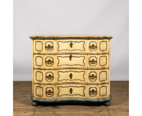 Full title: A Swedish polychrome wooden commode with four drawers, 19th C.Description:H 101,5 x L 119,5 x D 60 cm