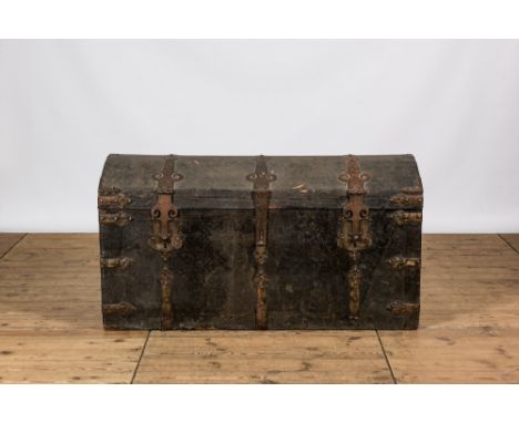 Full title: A wooden wrought-iron mounted 'bahut' trunk with leather upholstery, 18/19th C.Description:H 74 x L 140 x D 63 cm