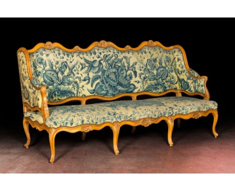 Full title: A large French Louis XV beechwooden sofa with embroidered upholstery, 18th C.Description:H 108,5 x L 200 x D 73 c
