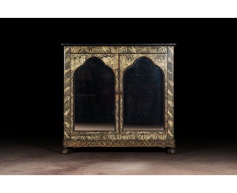 Full title: A Gothic Revival mirror bookcase with black- and gold-painted rural scenes and foliage, 19th C.Description:H 115,