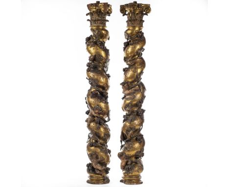 A pair of large gilt brass candelabra on red marble bases, 19th C. - Rob  Michiels Auctions