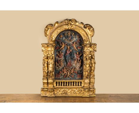 Full title: A polychrome and gilt wood oratory with the Coronation of the Virgin amidst cherubs, Italy or Spain, 17th C.Descr