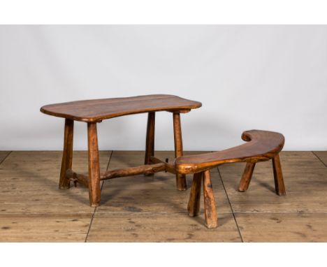 Full title: A rural hardwooden garden table with matching bench, 20th C.Description:H 69,5 x L 126,5 x D 74 cm (the table)Ê H