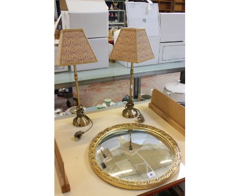 A pair of modern lamps and a gilt decorated convex mirror (sold as parts), a Royal Kent 'Golden Glory' part tea set, R C Sri 