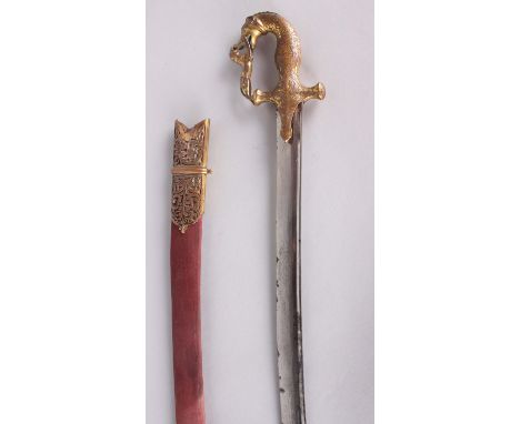 Indian Sword, 19th Century with a slightly curved single-edged fullered blade of British manufacture, the iron hilt richly en