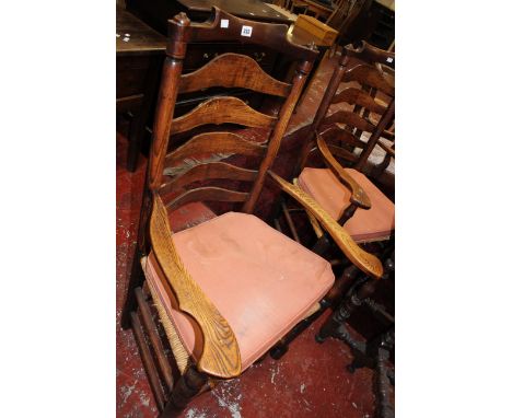 A pair of 19th Century ash ladder back armchairs with rush seats and another single Property of the owners of the Downton Est