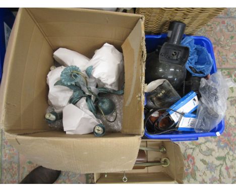 Box various lights, sundries, christmas tree holder and a light fitting