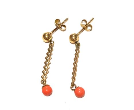 9ct vintage coral drop earrings with trellis design 