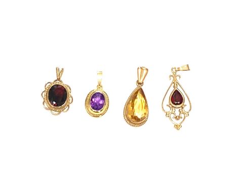 4 x 9ct Gold gemstone pendants inc. citrine, amethyst, approximate weight 4.5g 