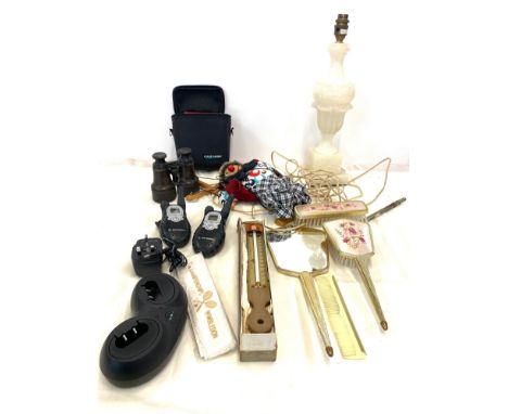 Selection of vintage and alter items to include wooden puppet, walkie talkies, binoculars etc 