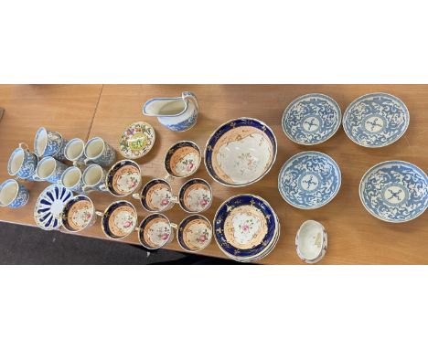 Selection antique cups, saucers, jugs etc, some with damage 
