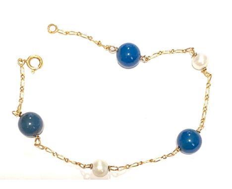 Vintage 14ct gold pearl &amp; blue agate spacer bracelet, approximate weight 3.9g 