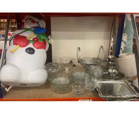 Shelf of miscellaneous includes glass ware, light up snow man etc 