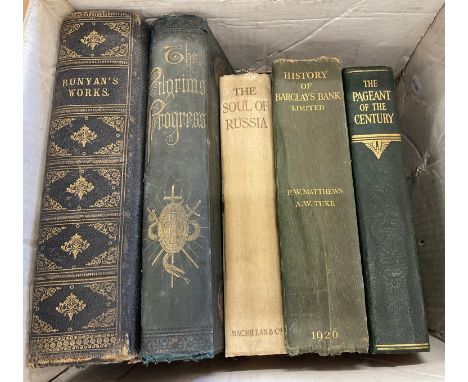 Selection vintage books to include history of Barclays bank, Bunyans works etc 