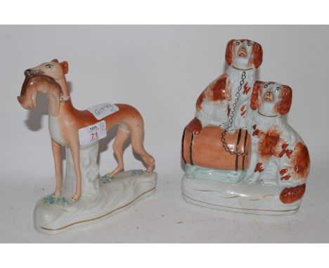 STAFFORDSHIRE MODEL OF A HOUND WITH RABBIT IN MOUTH, PLUS A STAFFORDSHIRE FIGURE