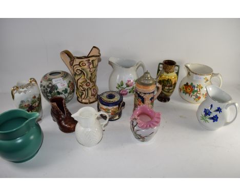 CERAMIC JUGS, VASES, INCLUDING A COALPORT MODEL OF A MASTHEAD JUG AND A ORIENTAL JAR WITH FAMILLE VERT DECORATION