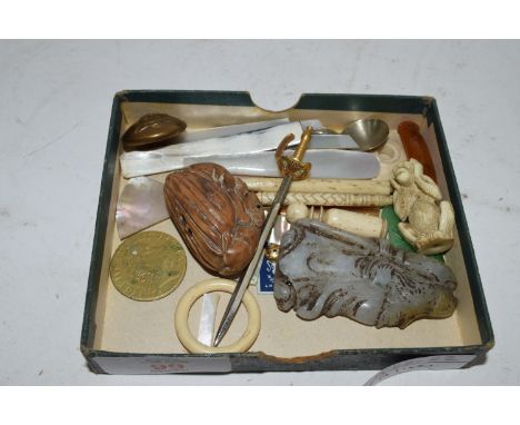 SMALL BOX CONTAINING NETSUKE MODELLED AS TWO RABBITS, MILITARY BUTTONS, SMALL IVORY MODEL OF A MONKEY ETC