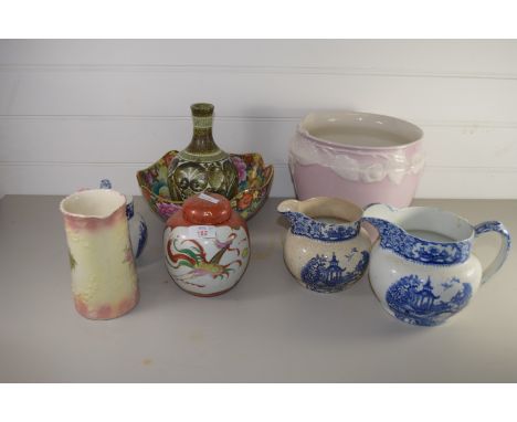 CERAMIC ITEMS, BLUE AND WHITE JUGS, DENBY GLYN COLLEGE TYPE VASE ETC