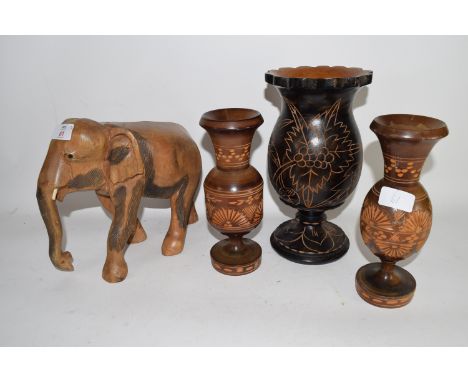 WOODEN MODEL OF AN ELEPHANT, PLUS A PAIR OF WOODEN VASES