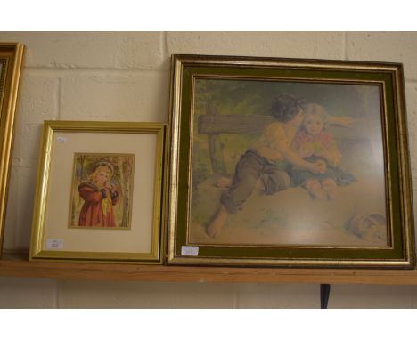 PRINT OF A YOUNG GIRL IN GILT FRAME PLUS A PRINT OF CHILDREN