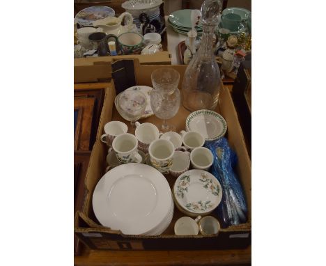 CERAMIC ITEMS, CUPS AND SAUCERS BY CROWN STAFFORDSHIRE ETC, TOGETHER WITH A LARGE GLASS DECANTER WITH ENGRAVED DESIGN AND GLA
