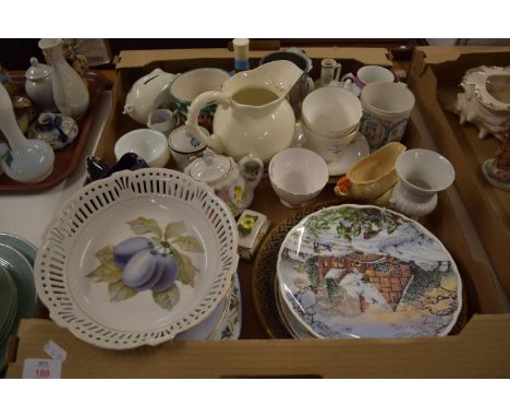 BOX OF CERAMIC ITEMS, JUGS, COLLECTORS PLATES FROM THE ROYAL ALBERT DREAM COTTAGES SERIES ETC