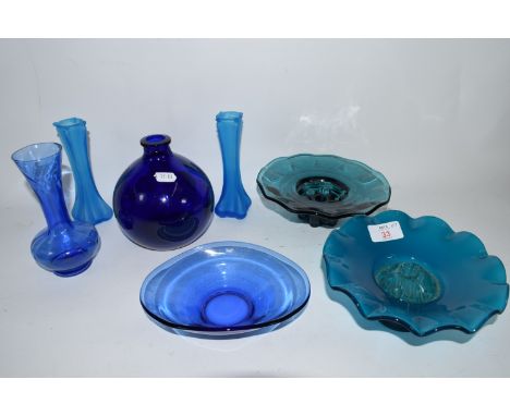 COLOURED GLASS WARES, TWO SMALL STANDS, GLOBULAR VASE, PAIR OF LIGHT BLUE GLASS VASES