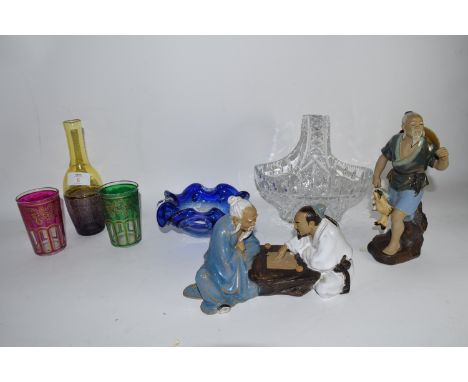 PLASTIC TRAY CONTAINING THREE ORIENTAL CERAMIC FIGURES, BLUE GLASS ASHTRAY ETC
