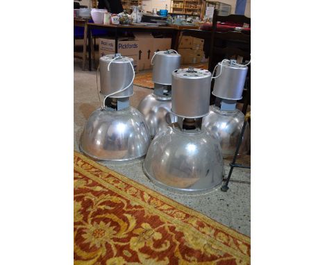 SET OF FOUR MATCHING BRUSHED ALUMINIUM INDUSTRIAL STYLE LIGHT FITTINGS, EACH DIAM APPROX 50CM
