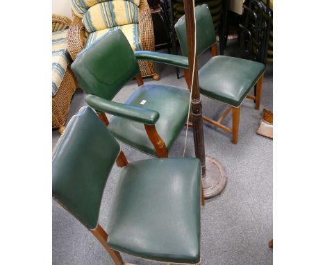 Two green seated dinning chairs with matching carver and oak standard lamp. (4) 