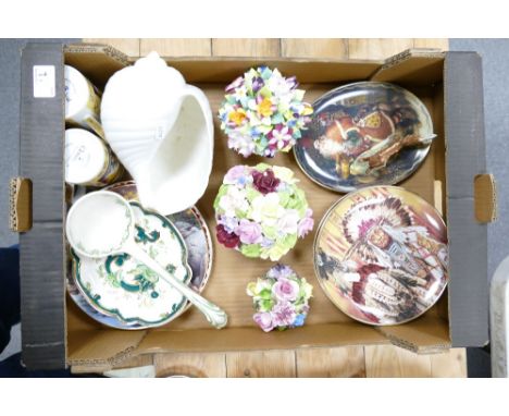 A collection of pottery to include various collectors plates, Masons Chartreuse tray and soup ladle, Minton Haden Hall, Wedgw