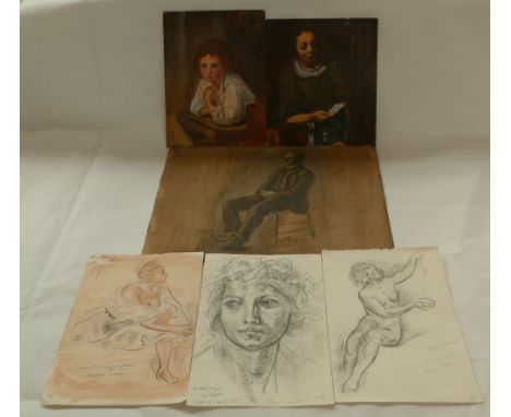 A collection of unframed mixed media studies of the human form. 