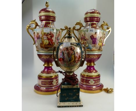 20th Century Royal Vienna large Urns with plinths together with similar lamp base, (all damaged). 