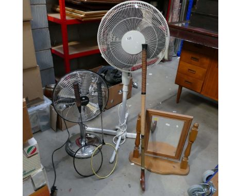 Various items to include 2 fans, toilet swing mirror, Sondico hockey stick and 2 badminton rackets. (6)
