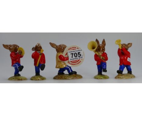 A collection of Royal Doulton Bunnykins figures from the Oompah band series to include Drummer DB26, Drum Major DB27, Symbols