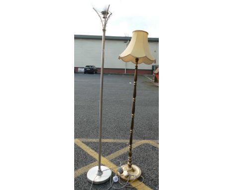 Modern stainless steel finish uplight together with brass effect standard lamp. (2)