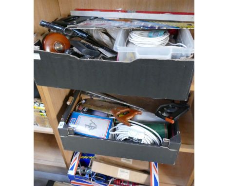 A collection of mixed hand tools to include saws, planes, measures, bearing pullers, bottle jacks, etc. (2 trays)