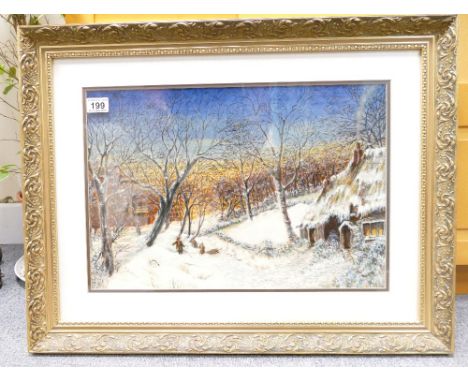 P R Harding, oil painting on board of winter scene with children playing in the snow next to a woodland cottage in gilt frame